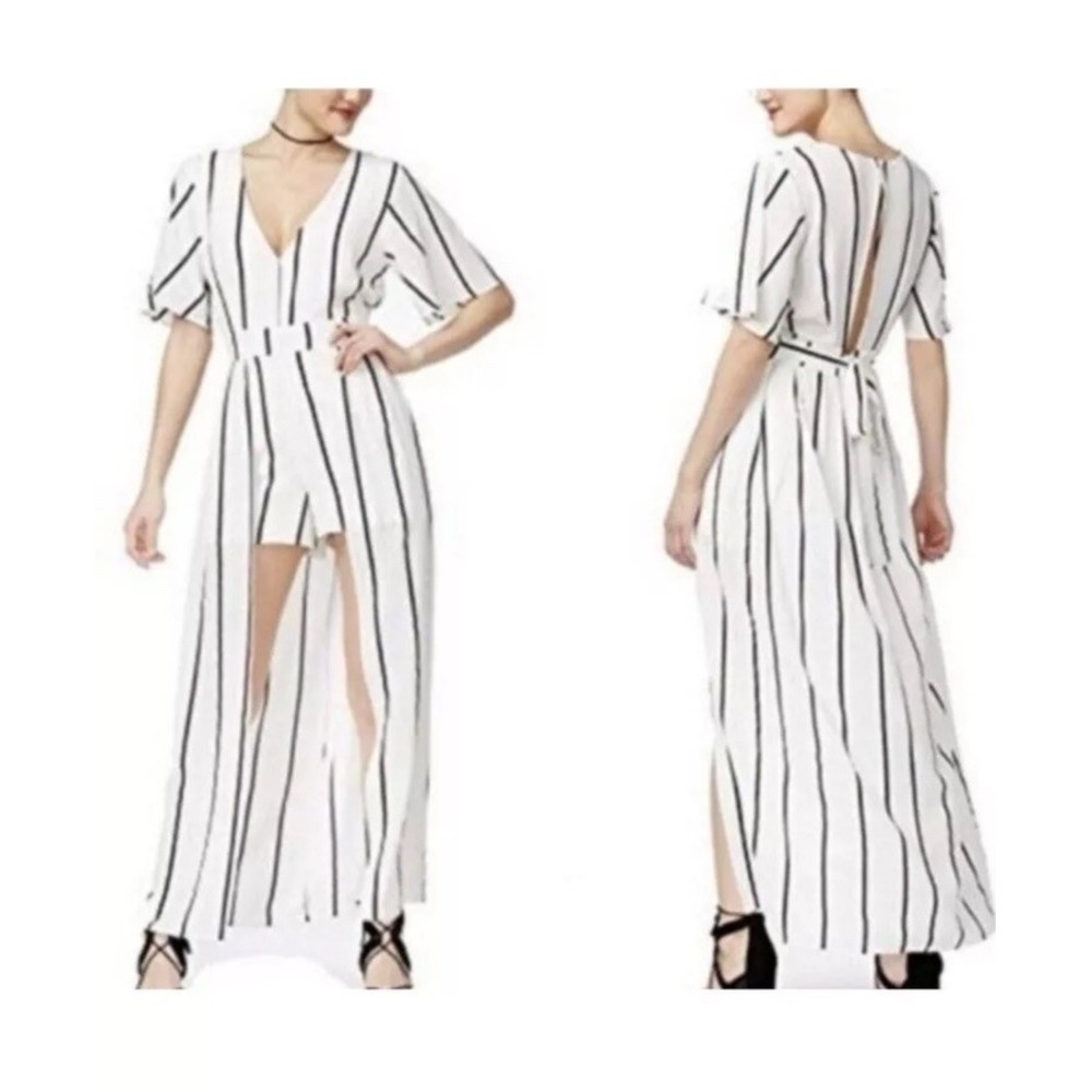 Crystal Sky Womens 5 White‎ & Black Striped Jumpsuit Shorts Duster Romper Beach